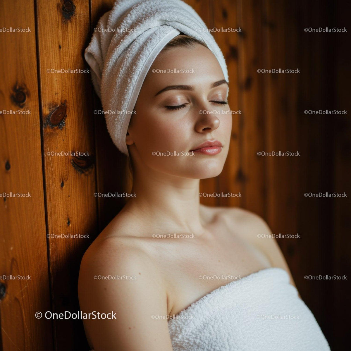 Relaxing Spa Scene with Woman in Towel Wrap and Wooden Background