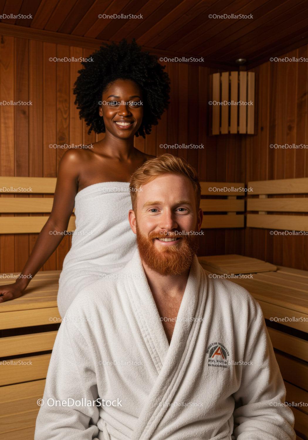 Happy Couple Enjoying Sauna in Wellness Center With Wooden Interior