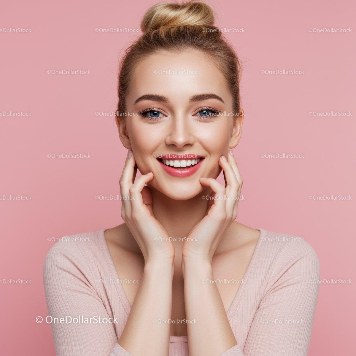 Young Woman Smiling Portrait with Pink Background and Blonde Hair