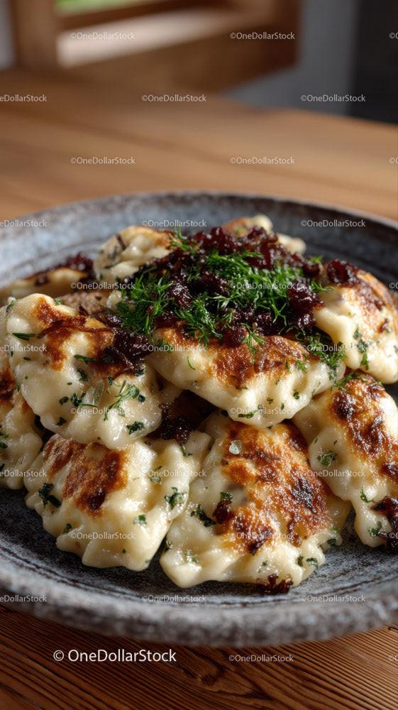 Pan-fried Cheese Dumplings Garnished with Fresh Herbs