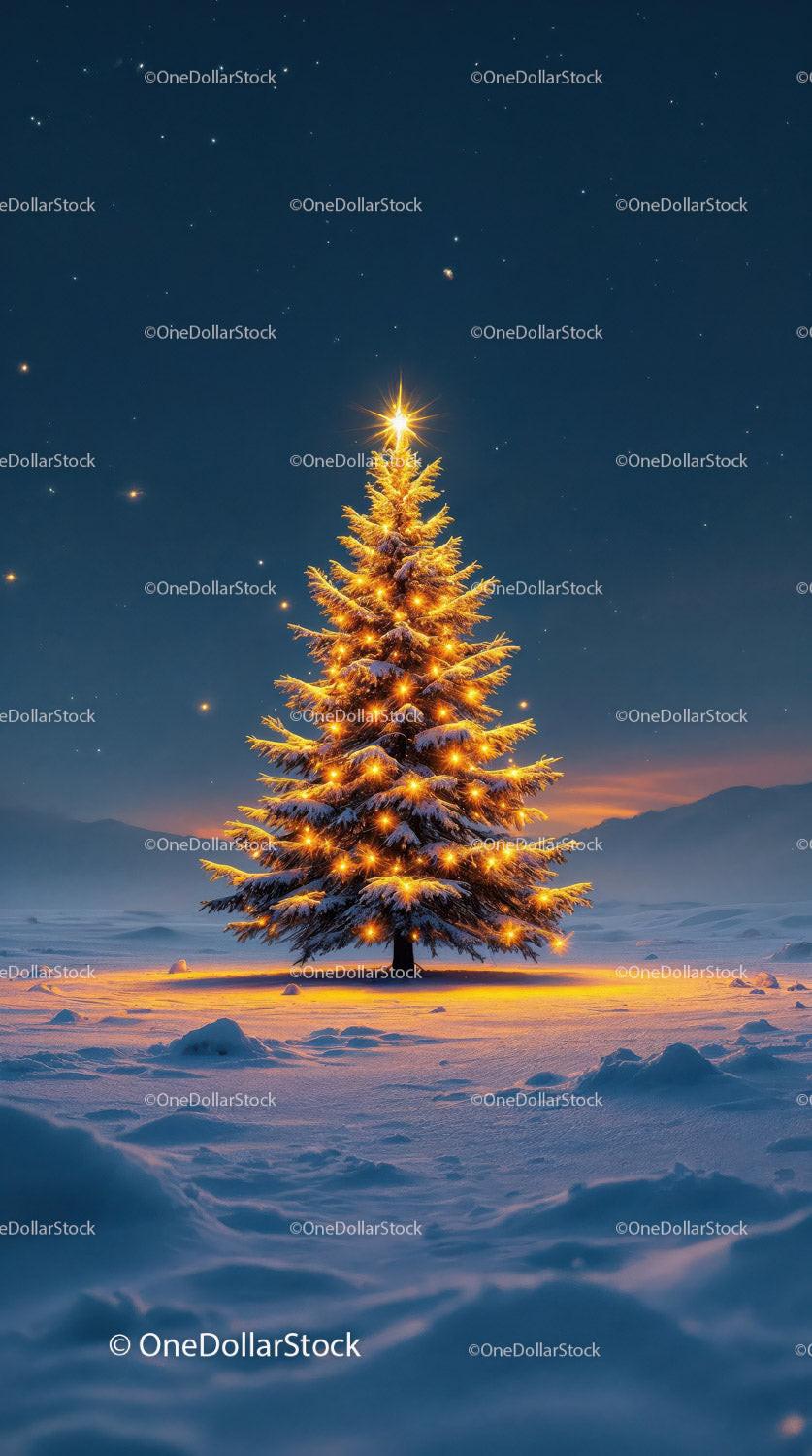 Illuminated Christmas Tree in a Snowy Winter Landscape