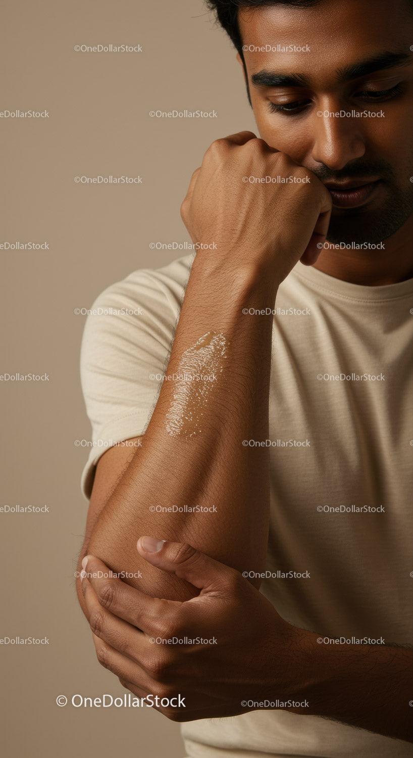 Young Man with Thoughtful Expression and Moisturizing Skincare Routine