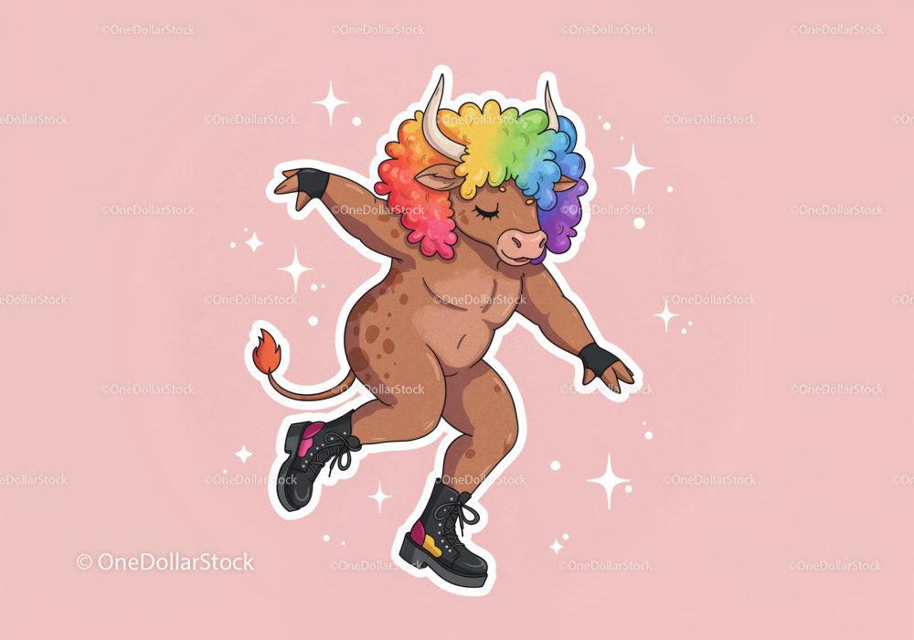 Cartoon brown bull dancing with rainbow afro hair wearing black boots on pink background