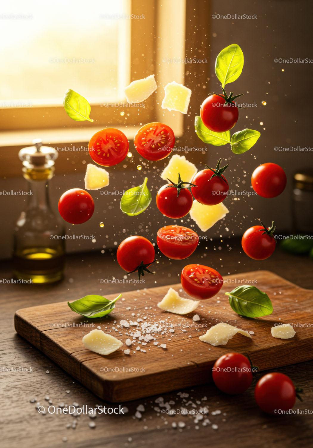 Fresh cherry tomatoes with basil and cheese on wooden board