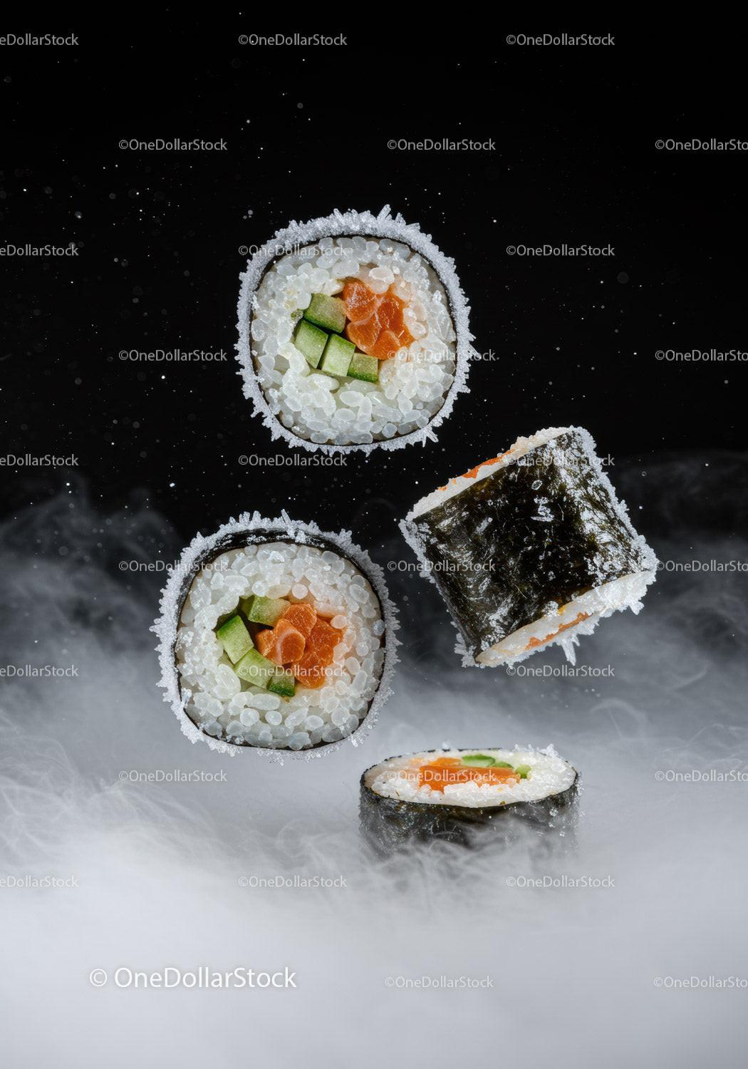 Fresh sushi rolls floating above smoky background