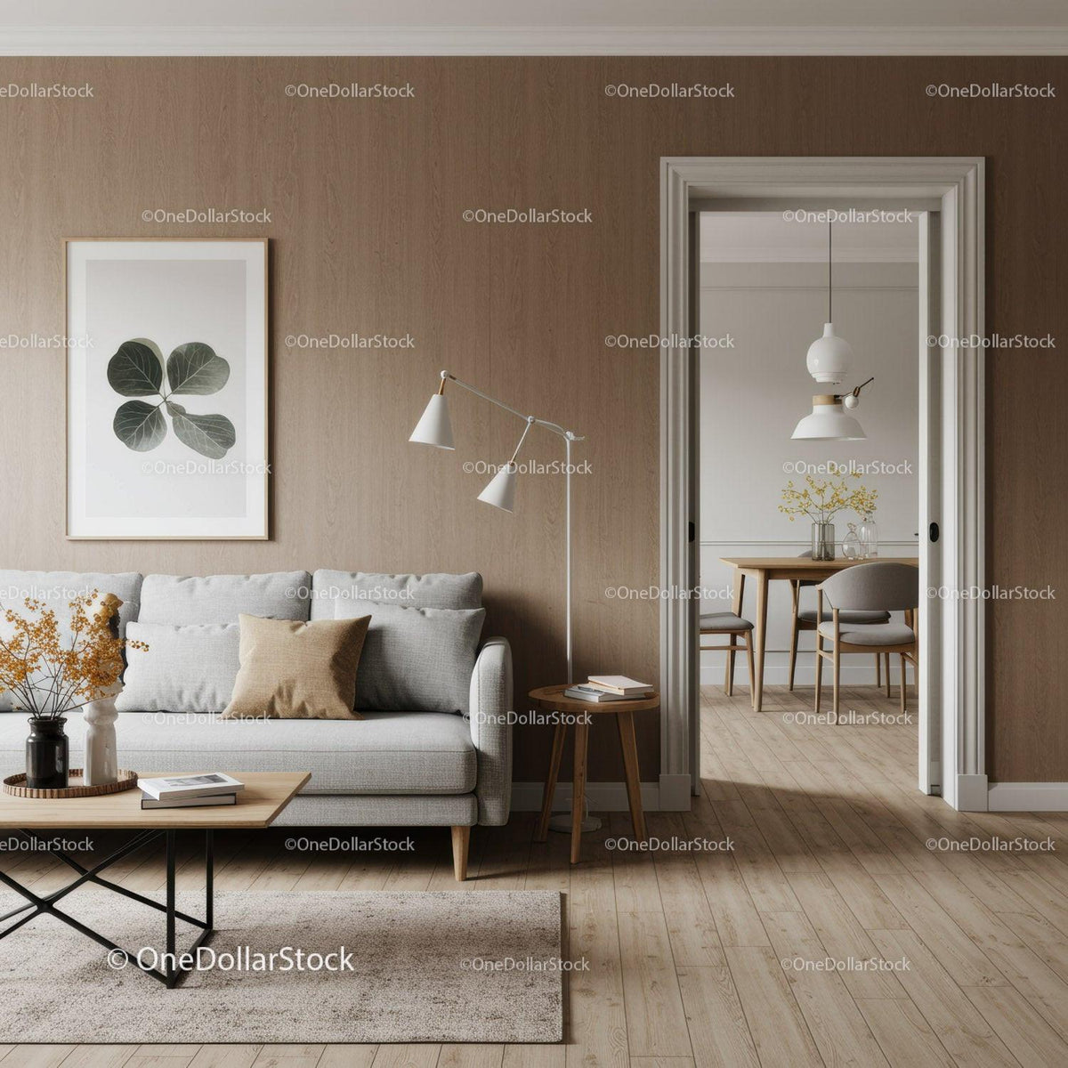 Stylish Modern Living Room with Beige Wall and Cozy Sofa