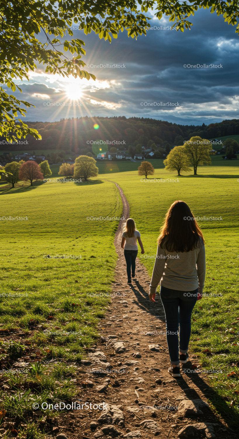 Women walking on rural path at golden hour sunset