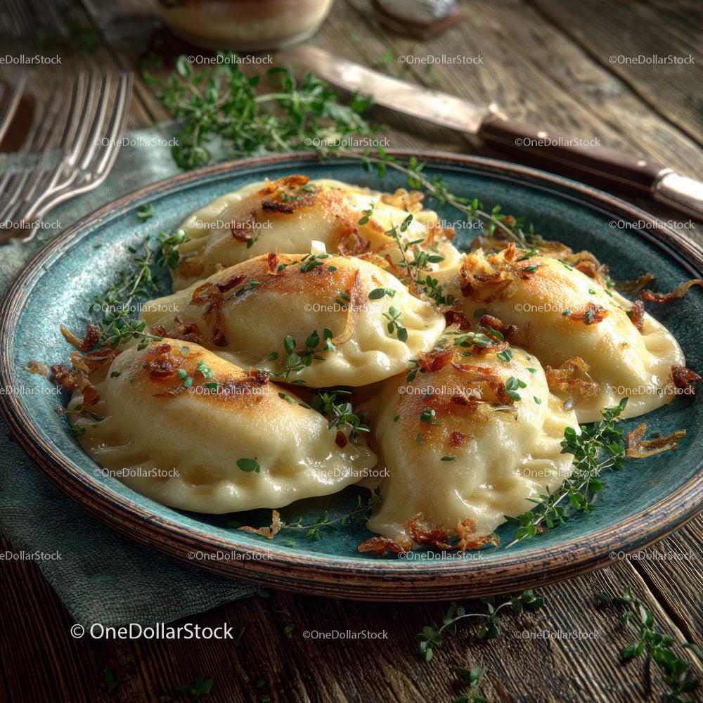 Japanese Gyoza Dumplings with Crispy Edges and Green Garnish Stock Photo Bundle preview 12
