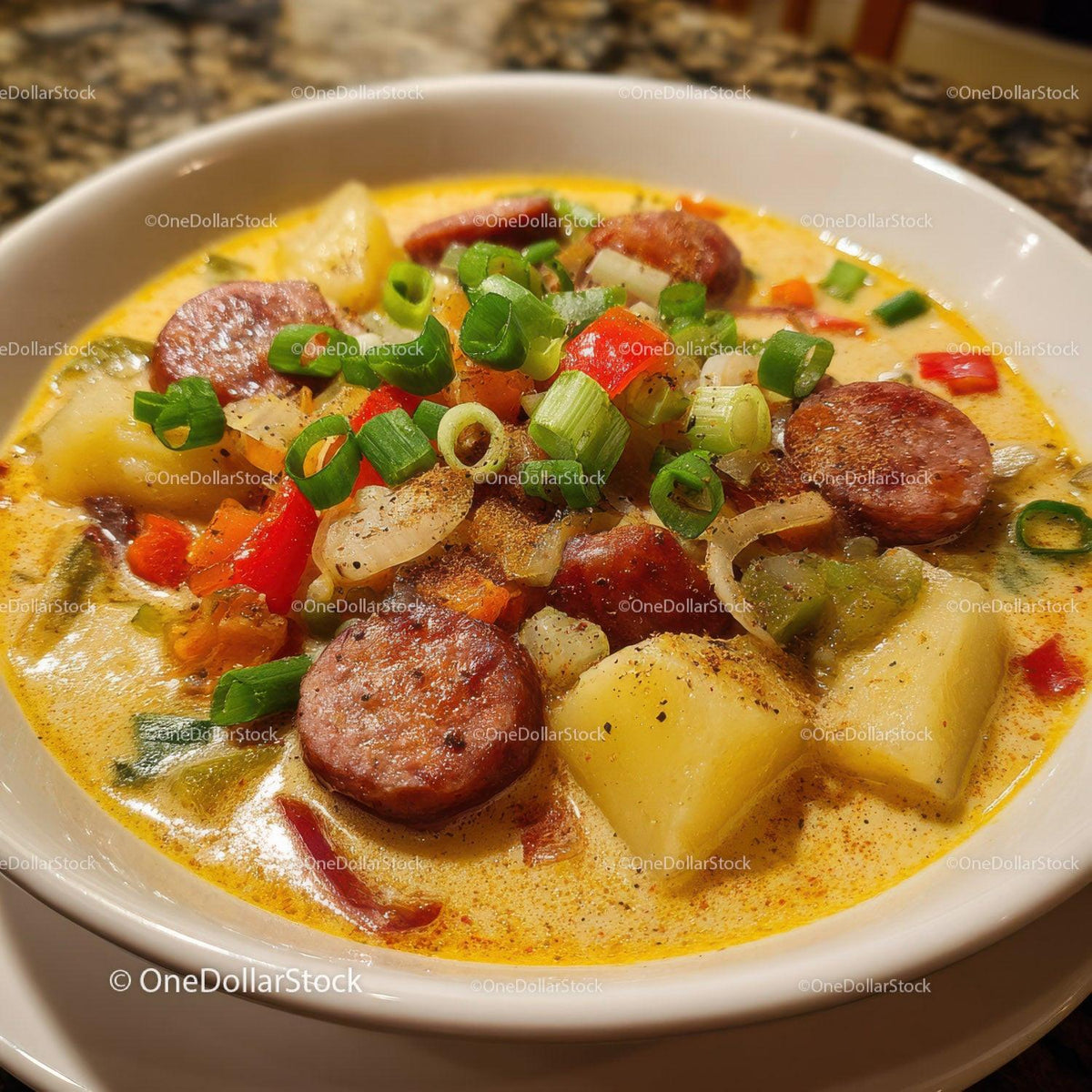 Hearty Sausage and Vegetables Potato Soup in Creamy Broth