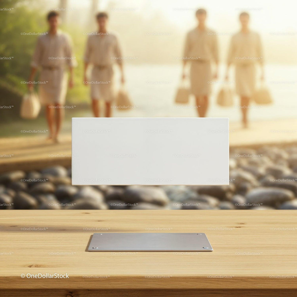 Blank white card on wooden table by riverside path JPG Mockup Image preview