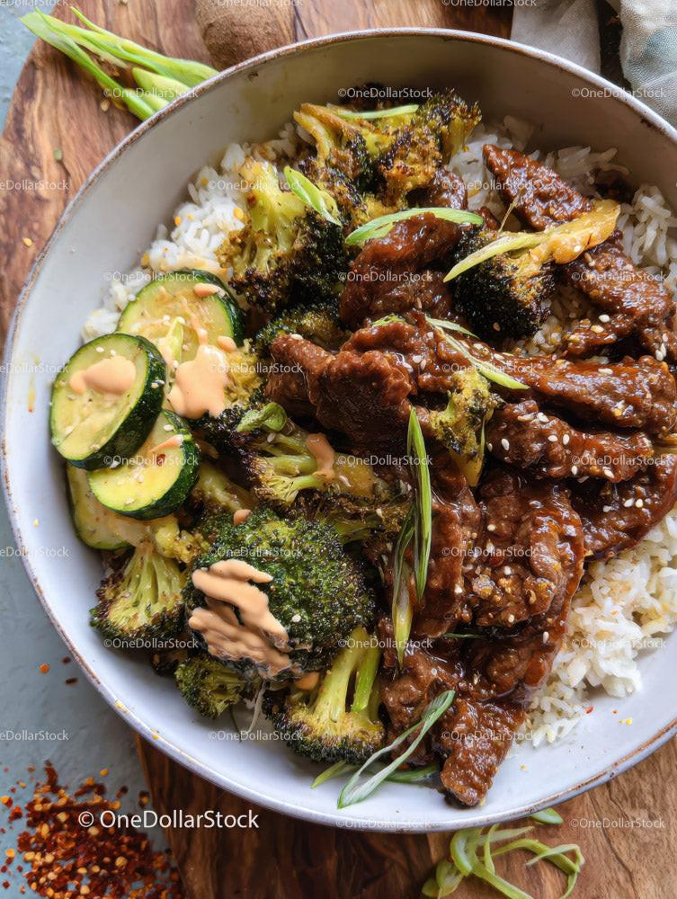 Beef and Broccoli Stir-Fry with Rice in a Ceramic Bowl