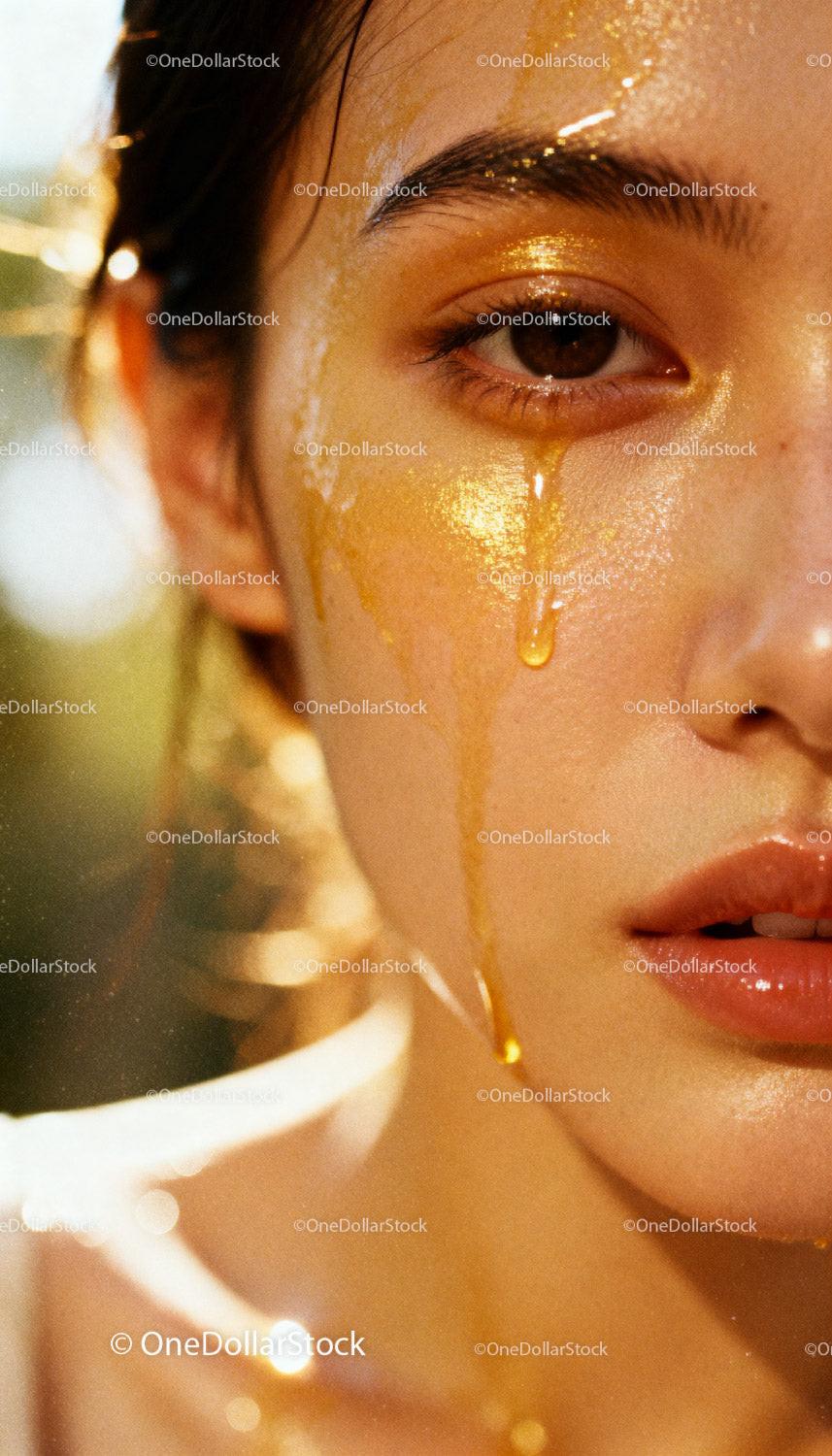 Closeup of woman’s face with golden liquid on skin