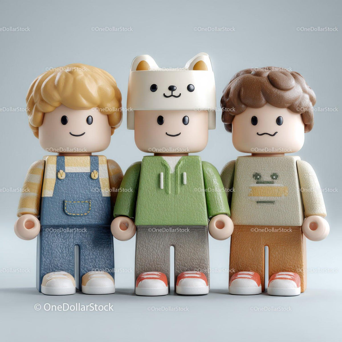 Three colorful cartoon-style toy figures standing side by side with varied outfits