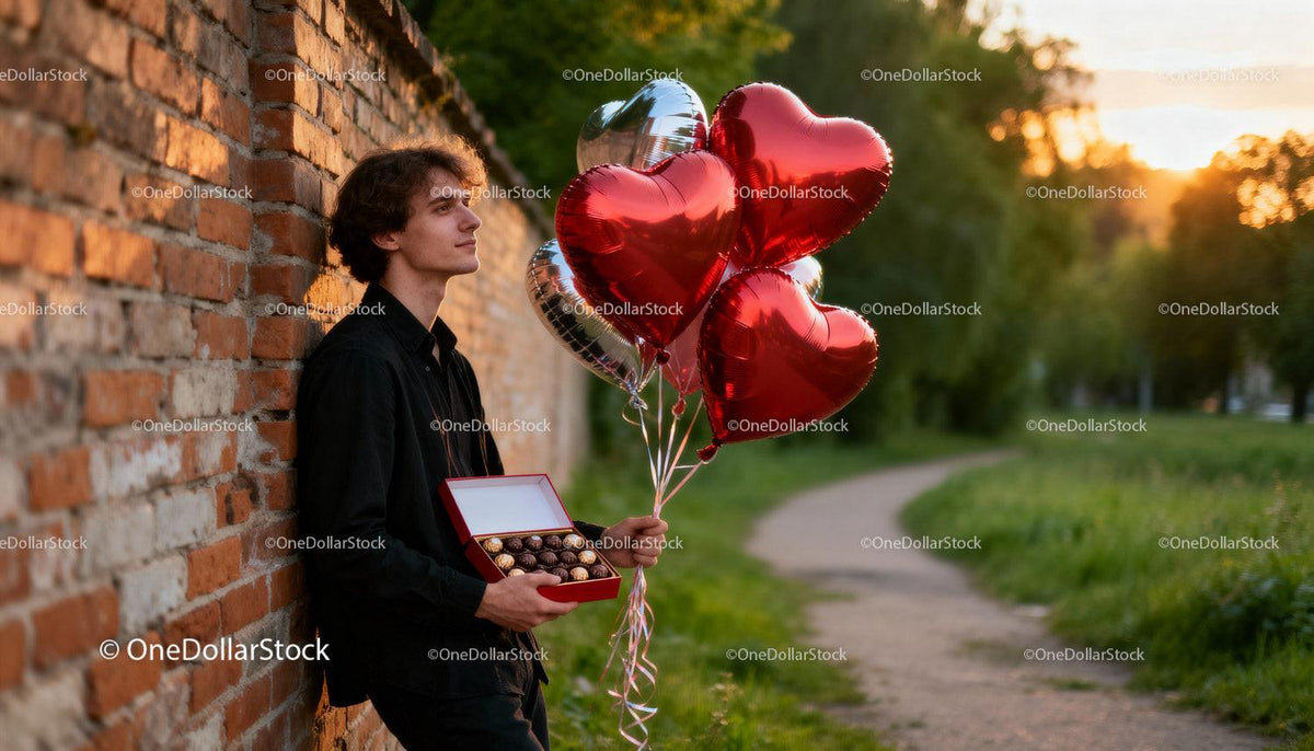 Young man holding heart balloons and chocolates outdoors