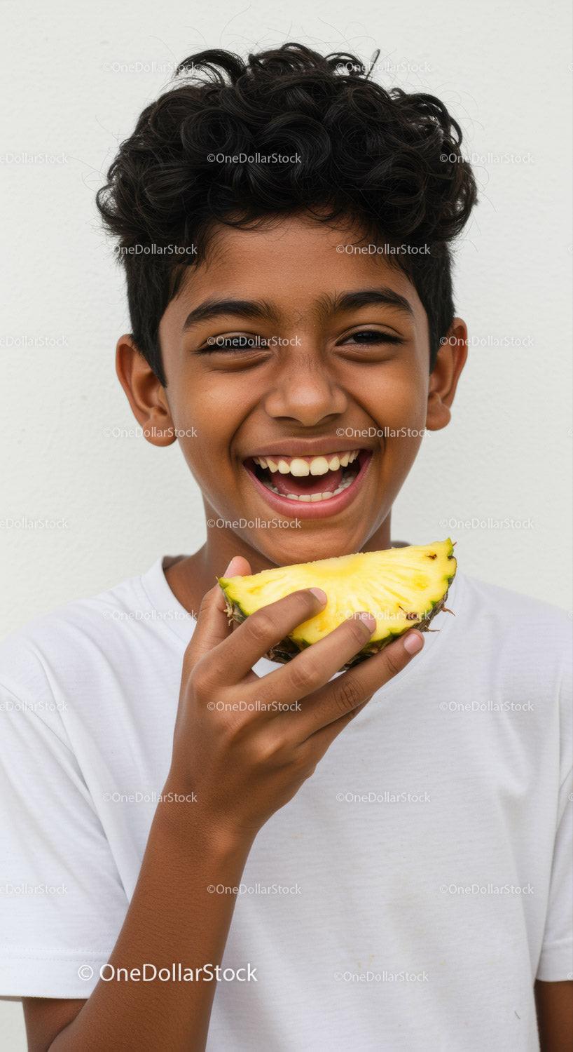 Joyful Boy Laughing Holding Pineapple for a Fresh Summer Snack