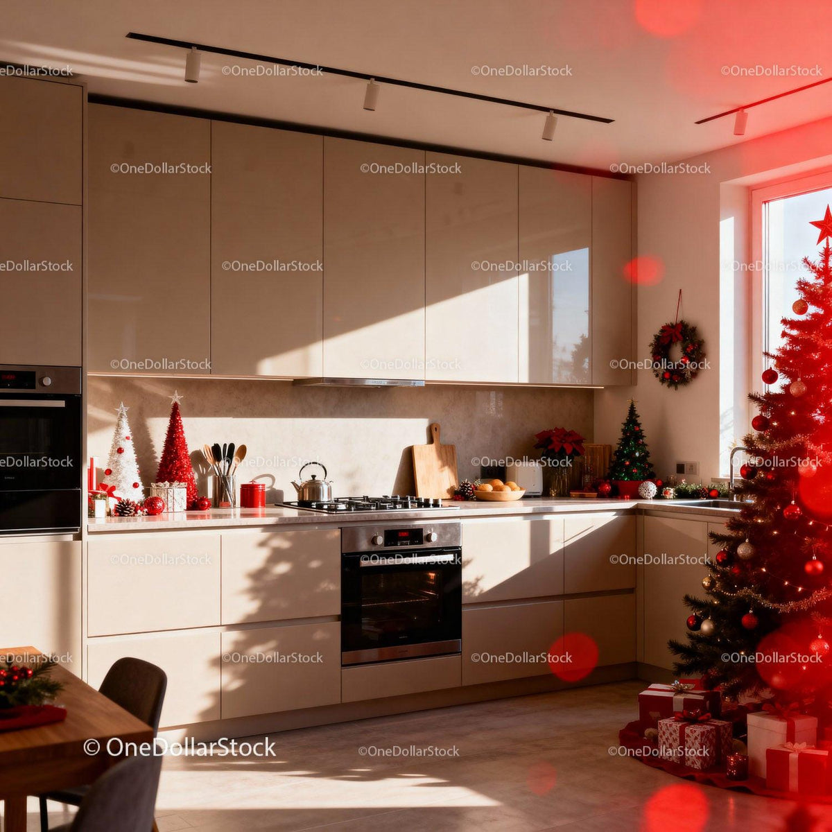 Bright kitchen decorated with modern Christmas accents
