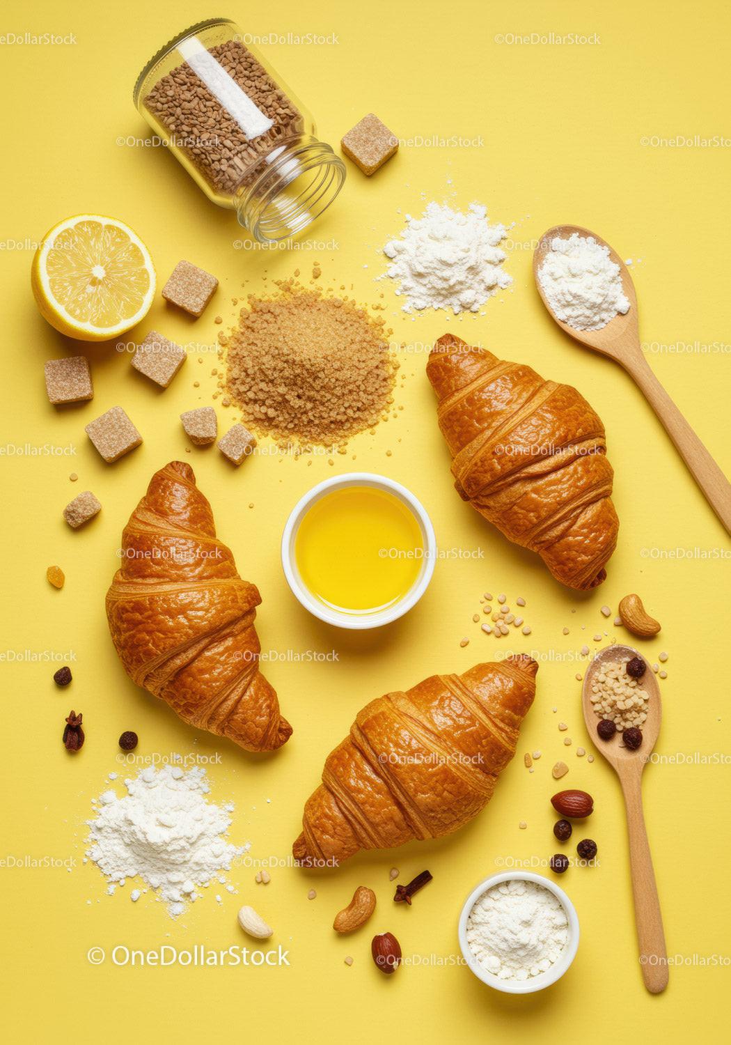 Fresh croissants with ingredients on yellow background