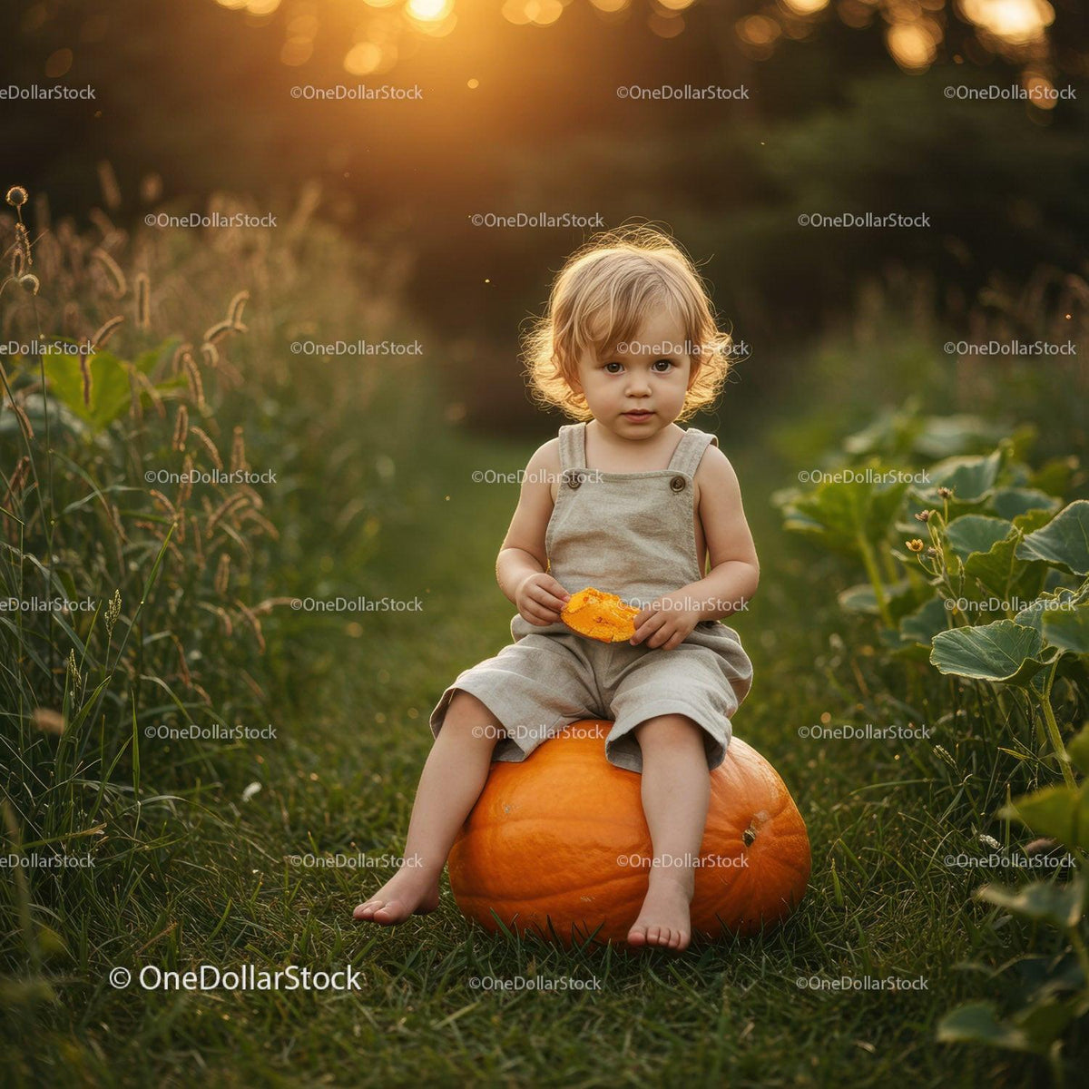 Toddler sitting on pumpkin in golden hour garden
