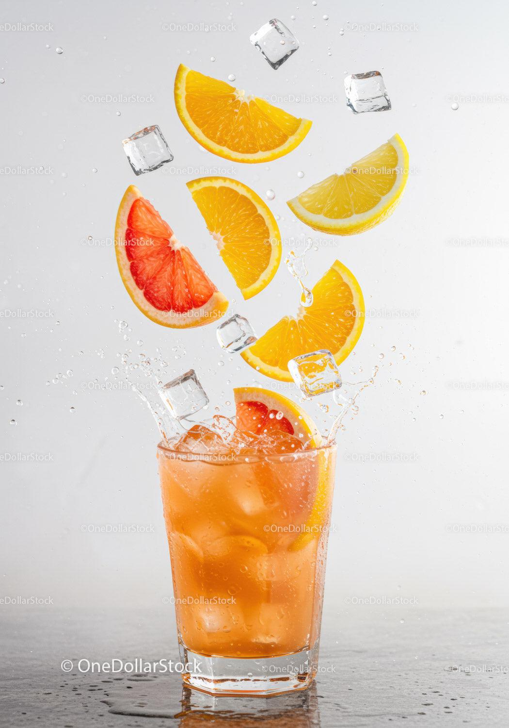 Refreshing citrus cocktail with splashing ice cubes