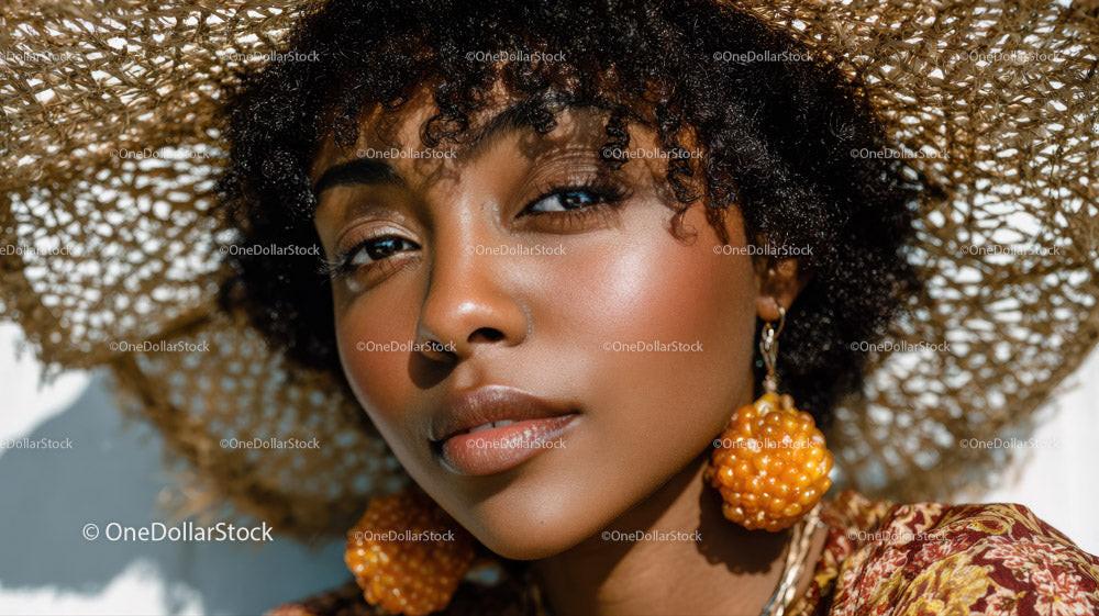 Elegant Portrait of a Woman with Curly Hair Wearing Chic Summer Accessories