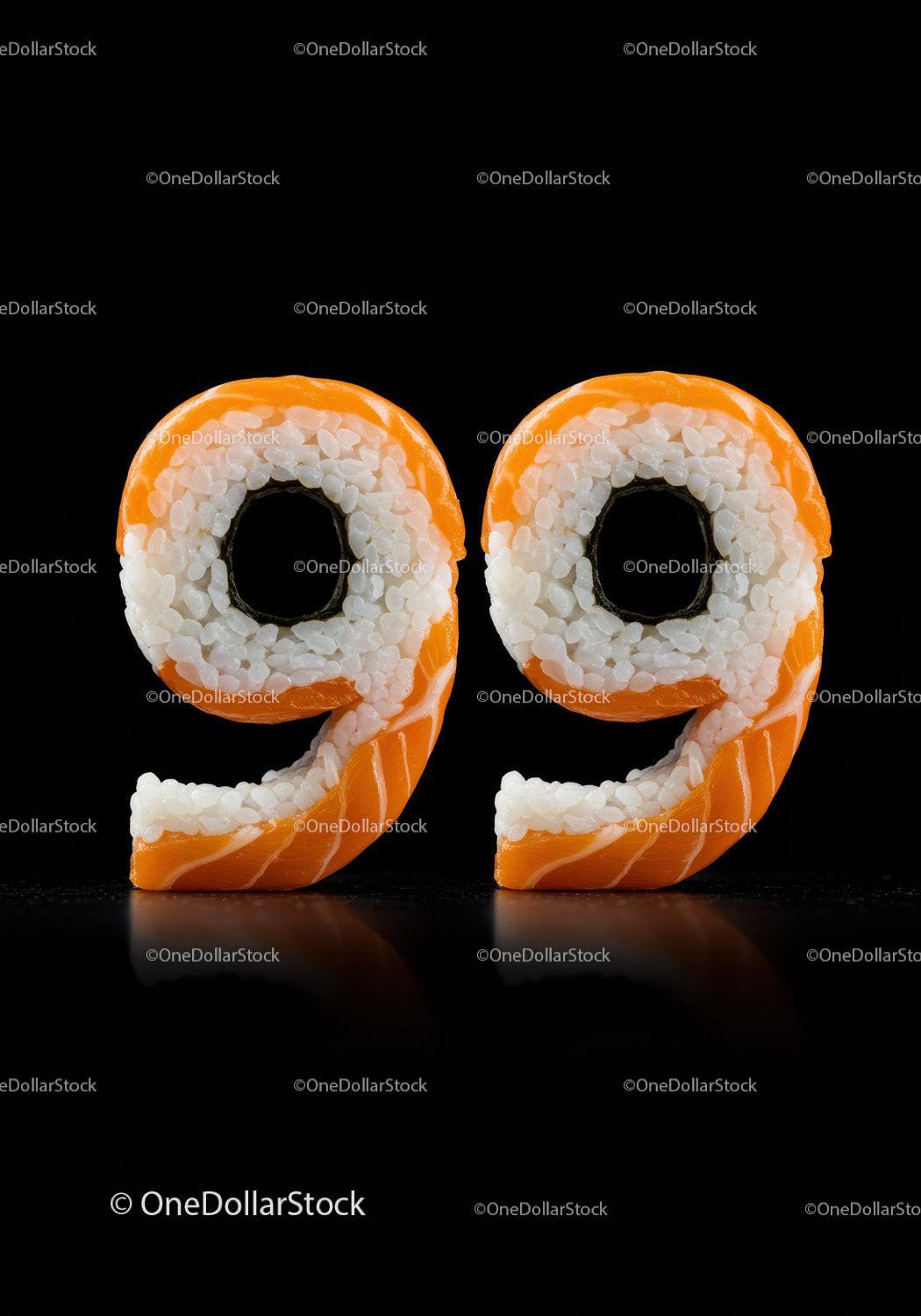 Number ninety nine formed with sushi rolls on black background