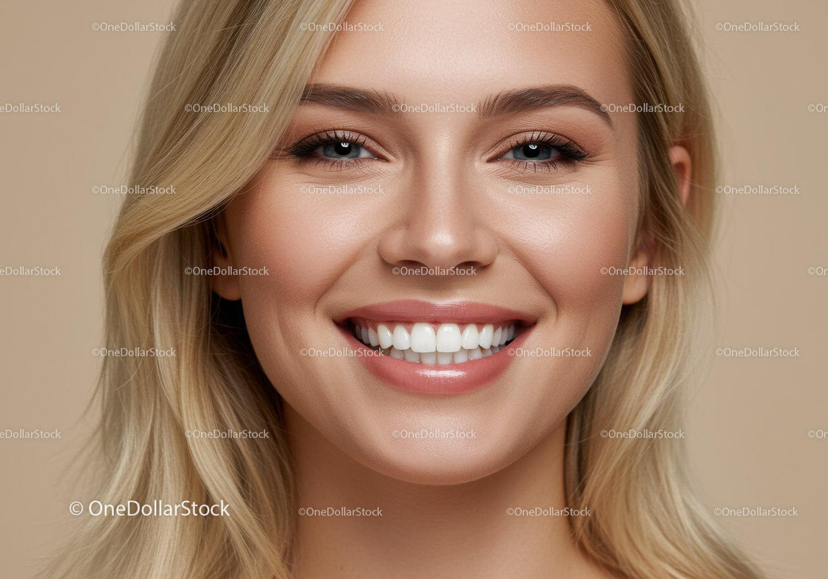Close up of smiling woman with flawless skin and white teeth