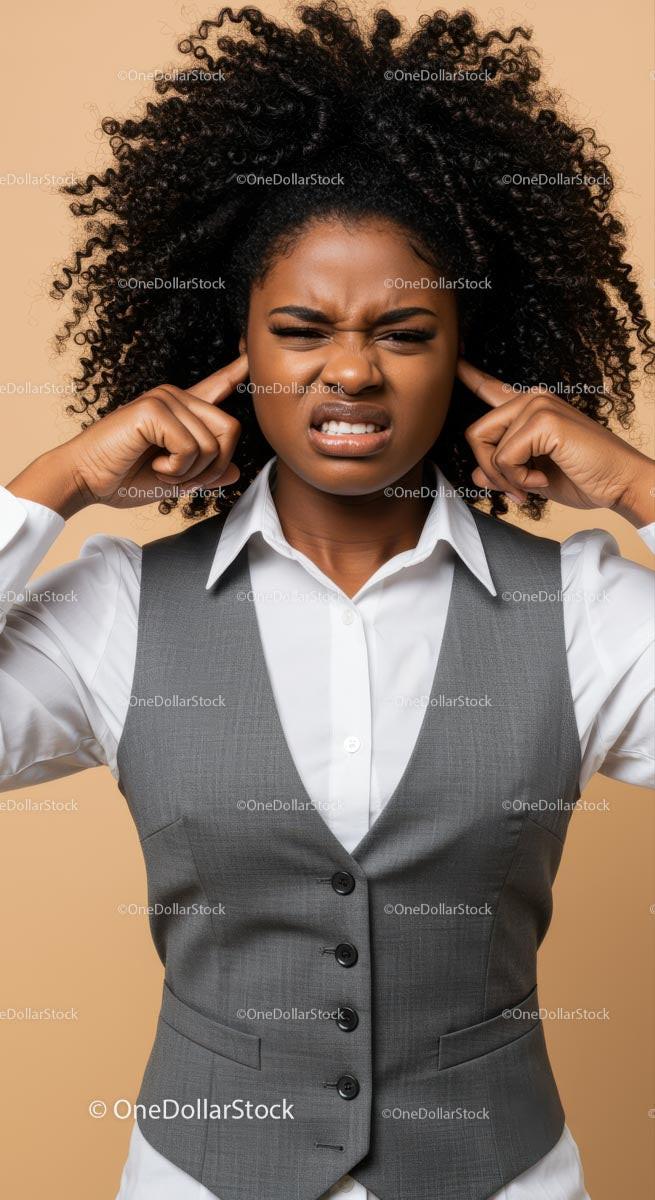 Frustrated Woman Covers Ears Against Noise in Business Attire Stock Photo Bundle preview 35