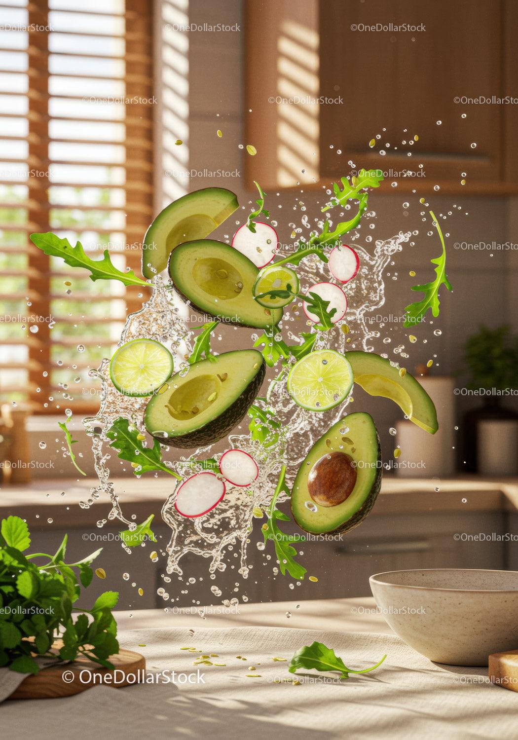 Fresh Avocado Salad Ingredients Splash in Kitchen