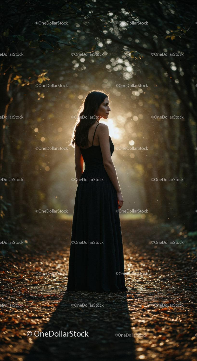 Woman in black dress standing on forest path at sunset