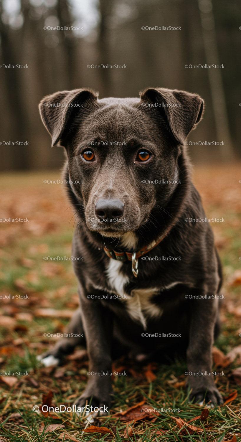 Thoughtful black and white dog sitting outdoors on autumn grass