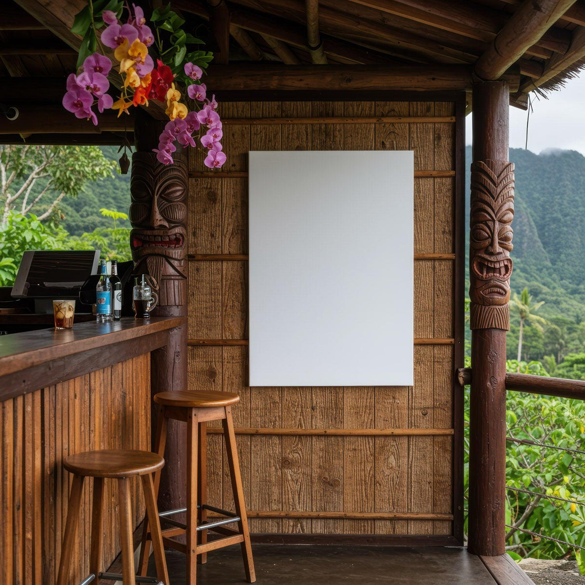 Tropical wooden bar with blank sign and orchid decor JPG Mockup Image preview