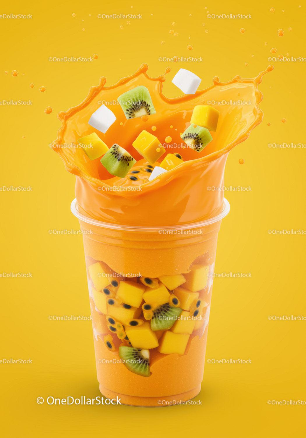 Fresh tropical fruit splash in mango smoothie cup