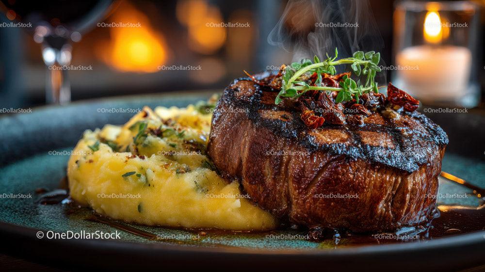 Juicy Steak with Mashed Potatoes and Herb Garnish in Elegant Restaurant Stock Photo Bundle preview 12