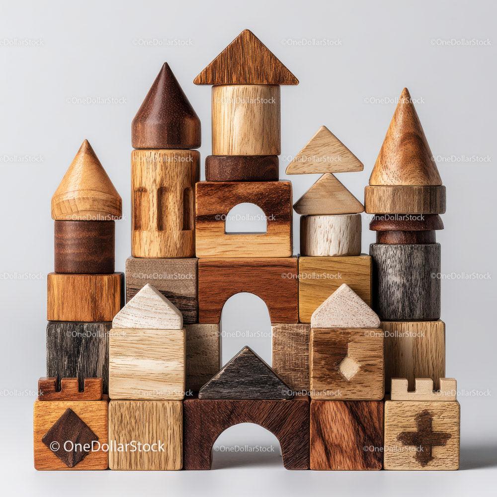 Castle made from assorted wooden building blocks with arches and triangular tops