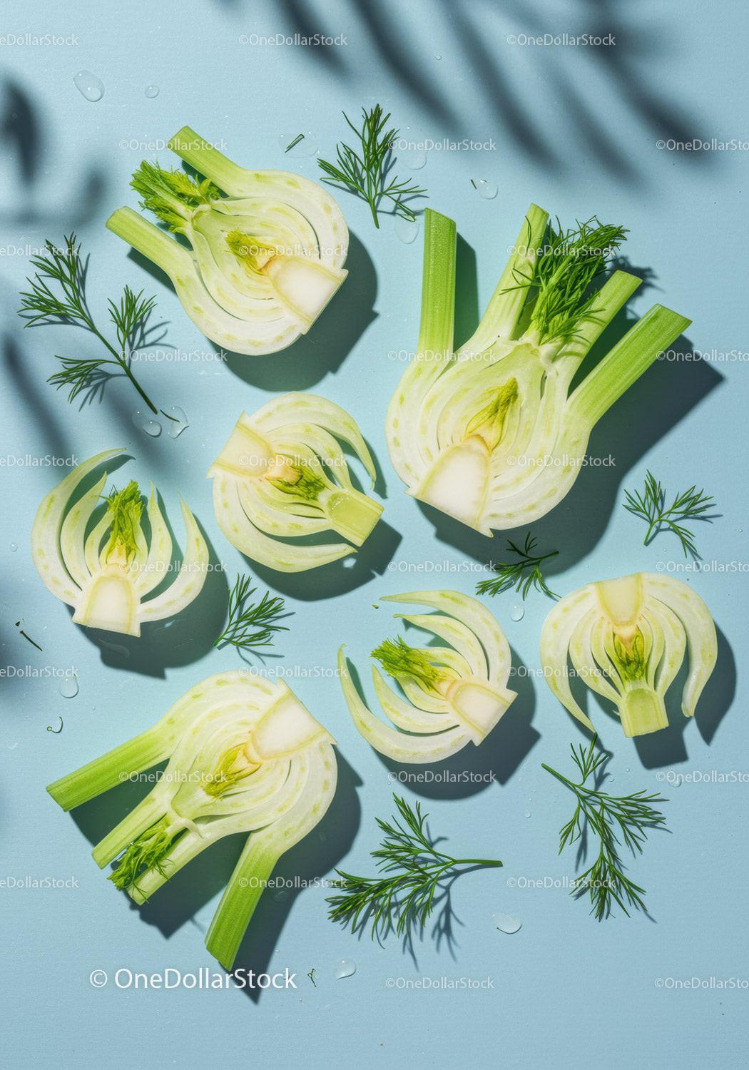 Fresh fennel bulbs sliced with dill sprigs on blue surface