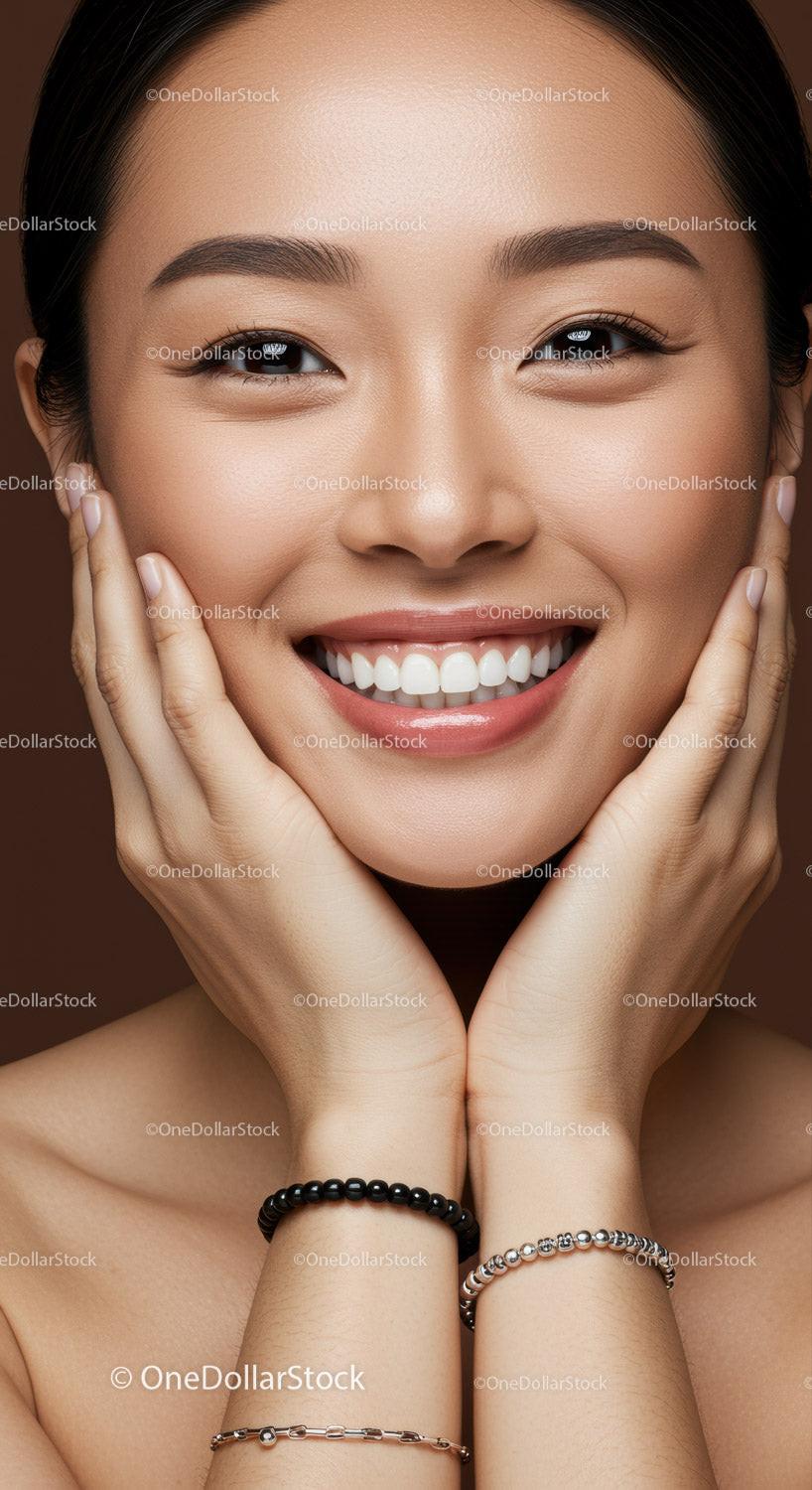 Close up portrait of smiling young woman with hands on face