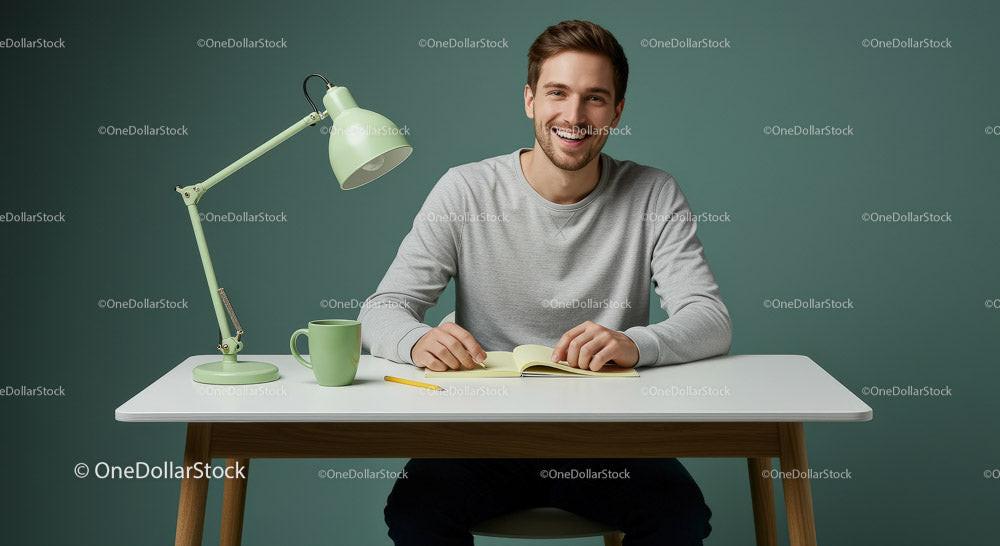 Smiling Young Man at a Modern Desk with Green Accents 12 JPG Files digital asset preview