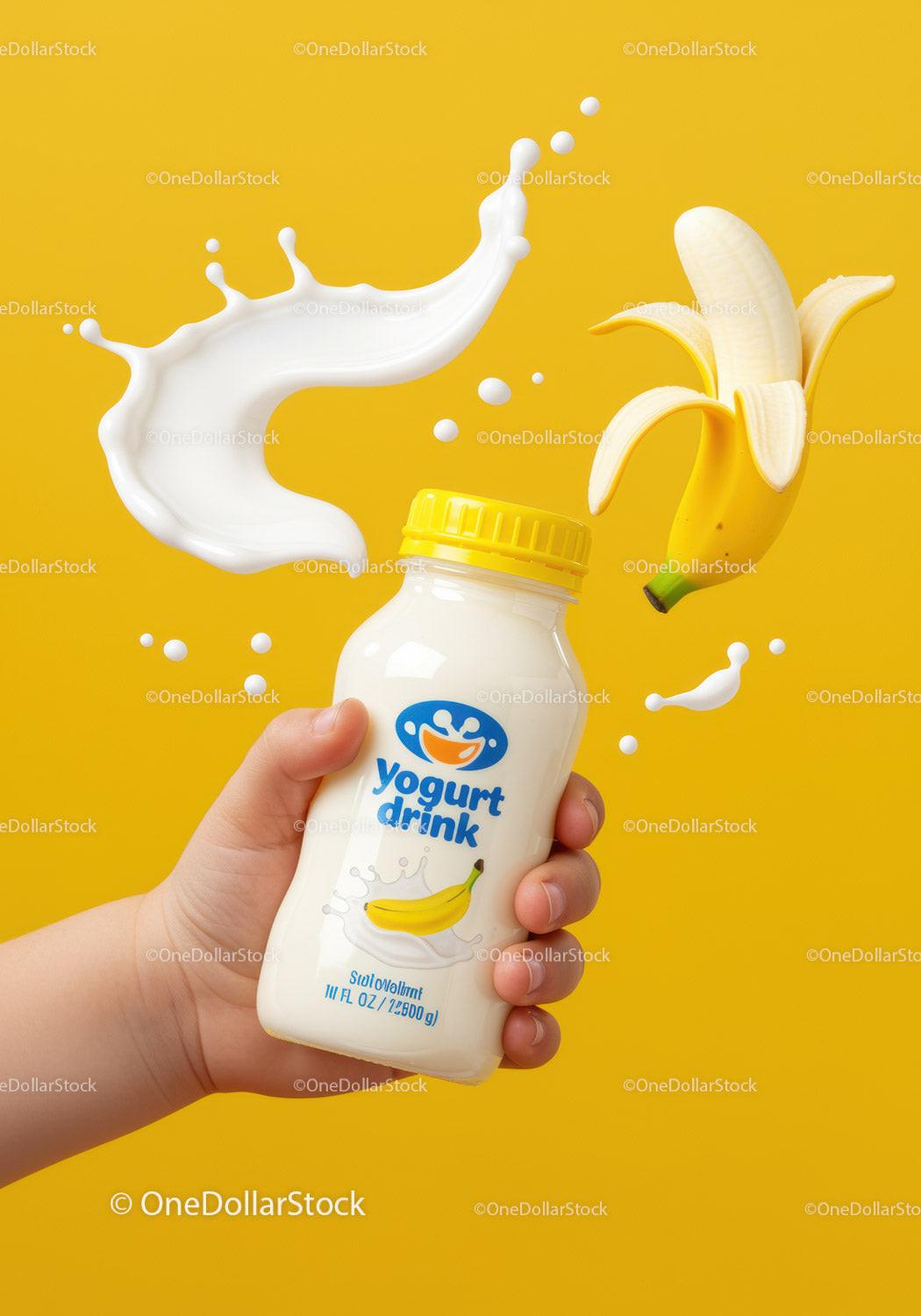 Child Holding Banana Flavored Yogurt Drink Bottle