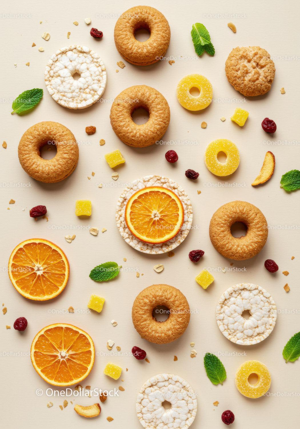 Assorted healthy snacks with dried orange and mint leaves