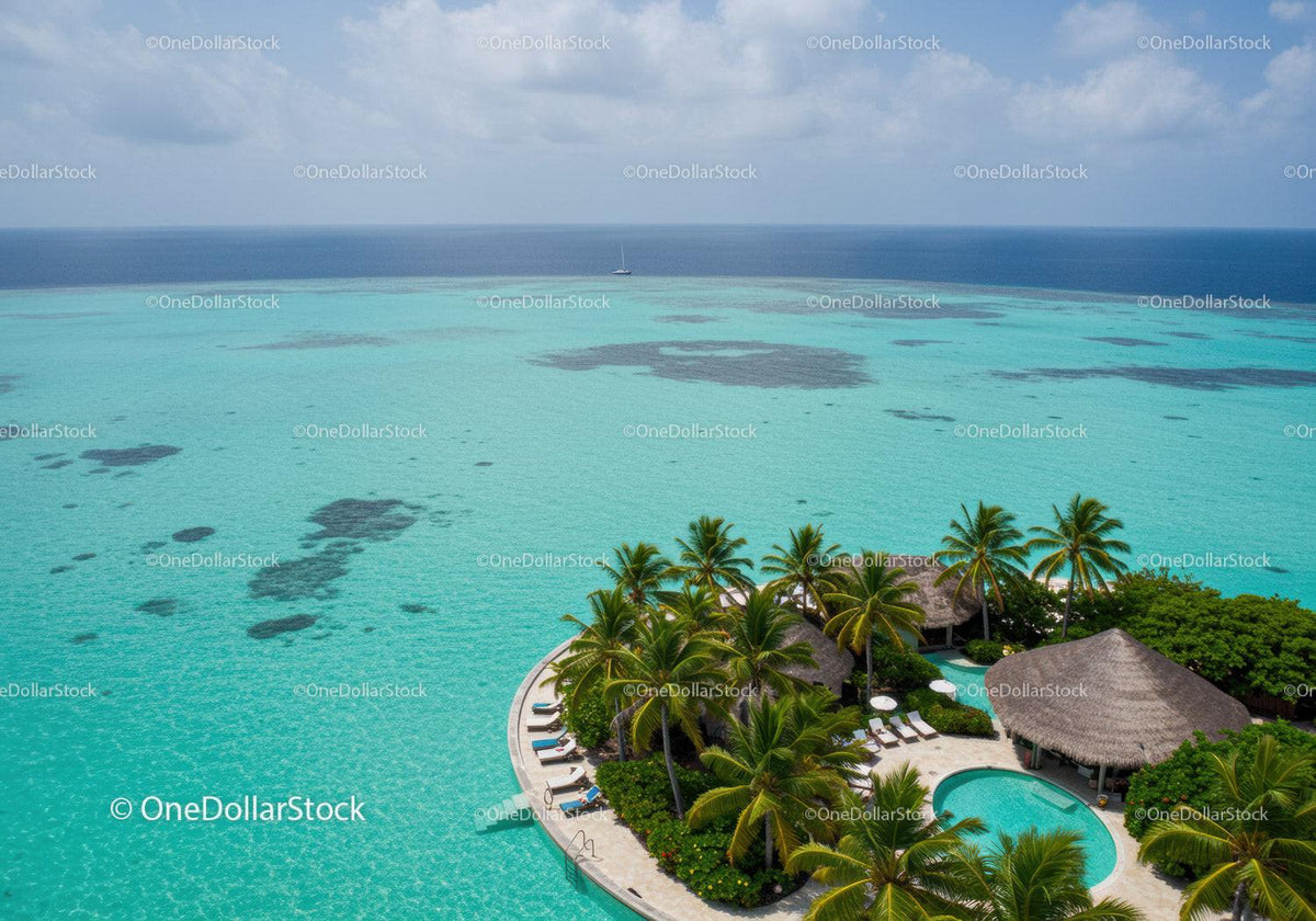 Tropical Island Paradise with Overwater Bungalows and Palm Trees