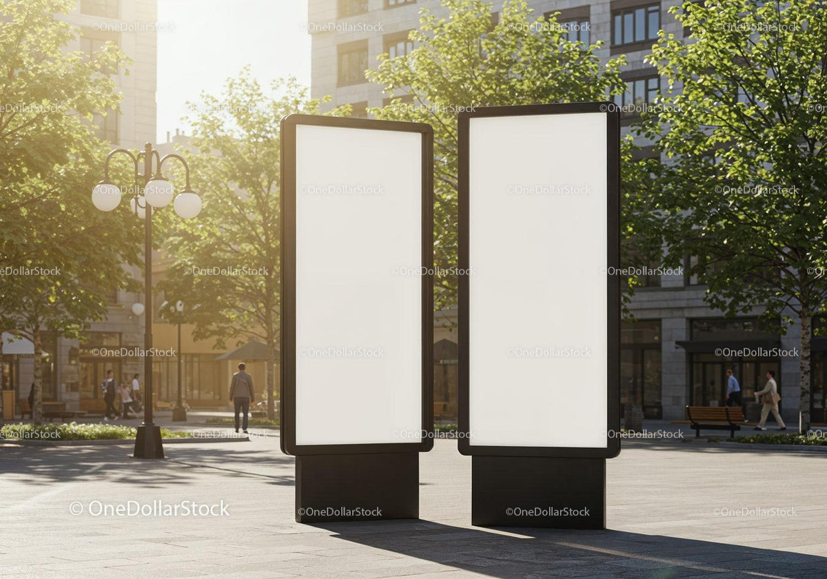 Blank Vertical Billboards in Urban City Square on Sunny Day JPG Mockup Image preview