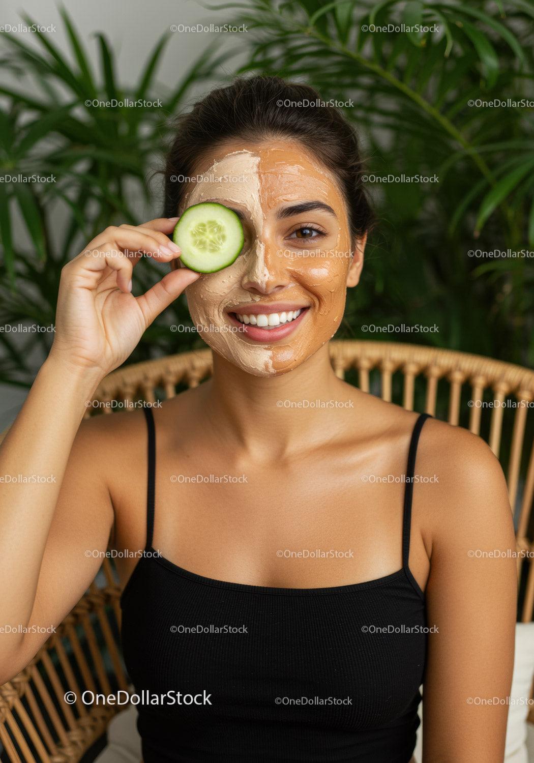 Young Woman Enjoying Relaxing Facial Mask with Cucumber Slices