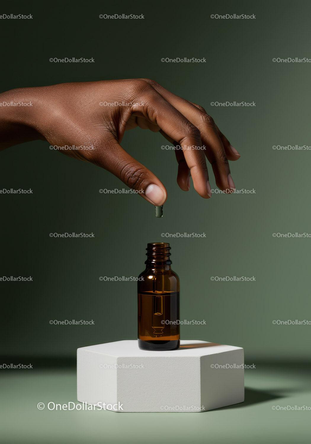 Hand Holding Dropper Above Amber Glass Bottle for Skincare or Medicine JPG Mockup Image preview