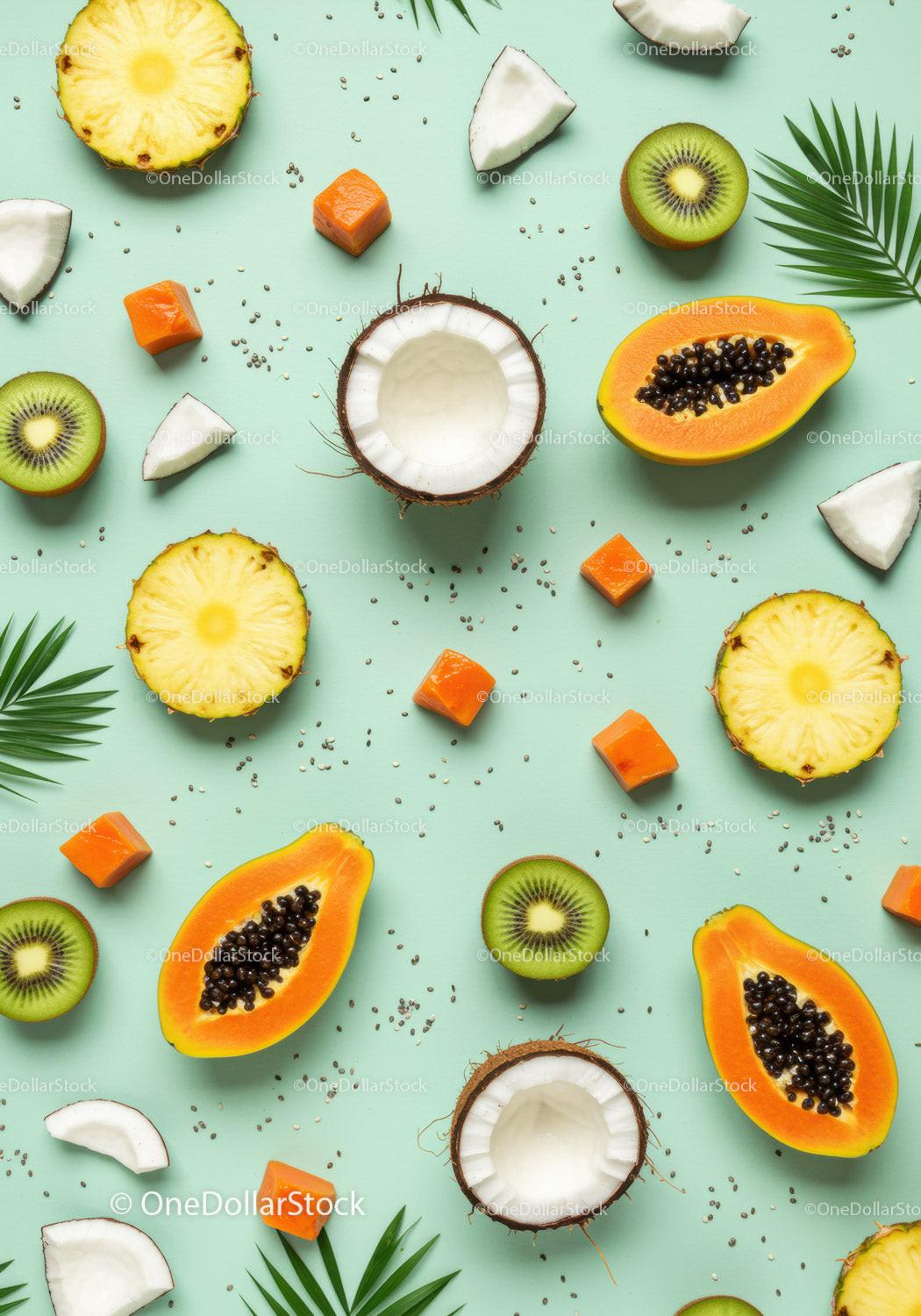 Tropical fruits arrangement on pastel blue background