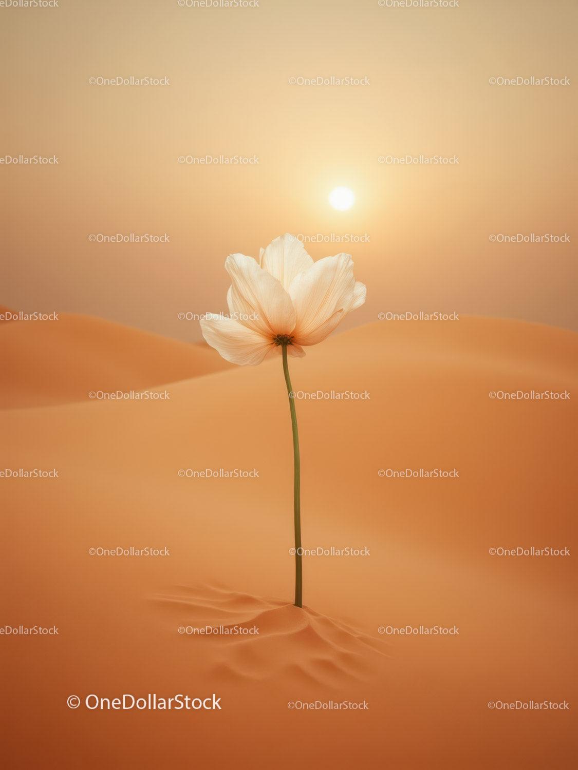 Delicate white flower blooming alone in desert sand