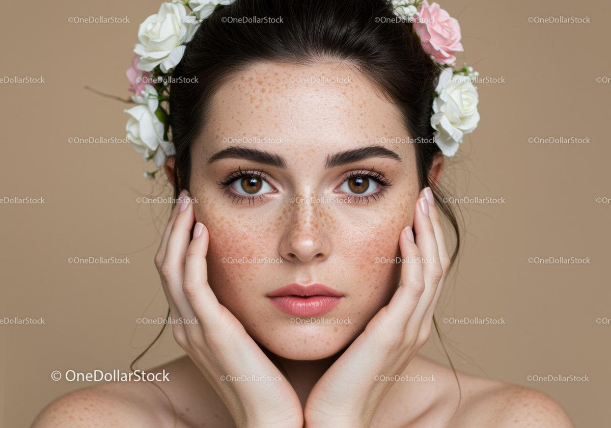 Beautiful Woman with Freckles Wearing Floral Crown in Classic Portrait