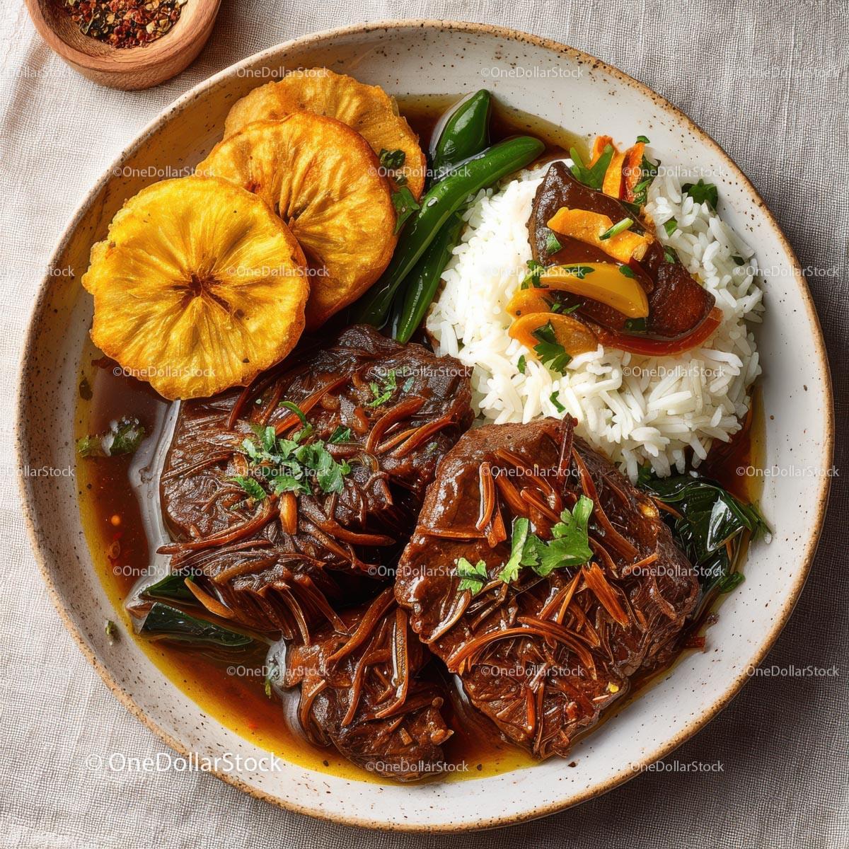 Delicious Beef Dish with Rice and Grilled Pineapple