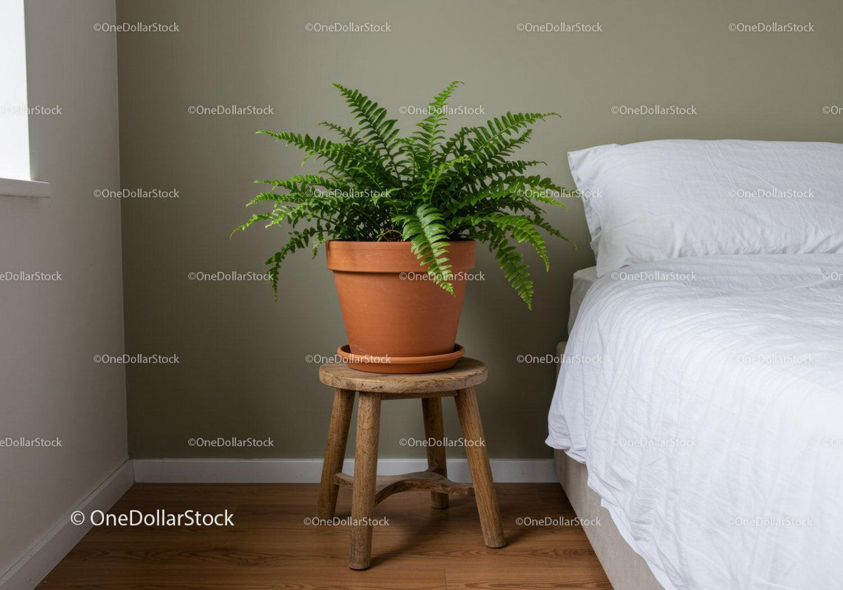 Indoor Green Fern in Terracotta Pot on Wooden Stool in Bedroom