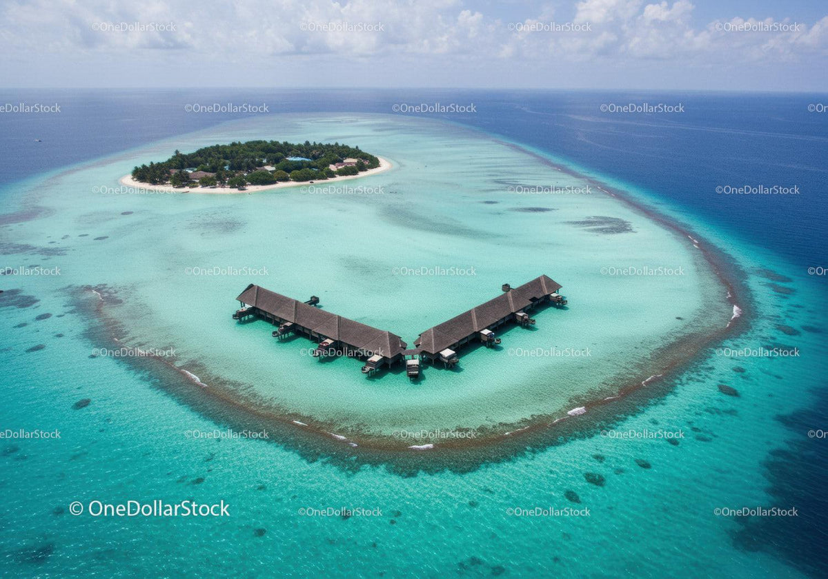 Overwater Bungalows on Tropical Island with Turquoise Clear Water