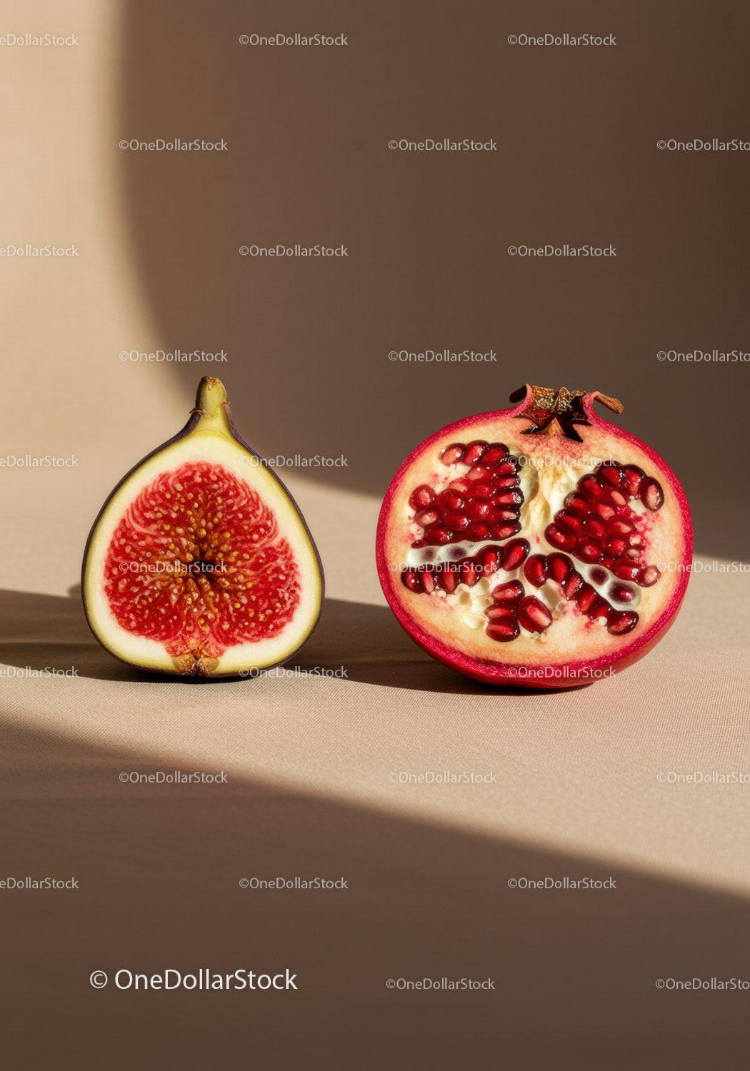 Fresh fig and pomegranate halves on beige background